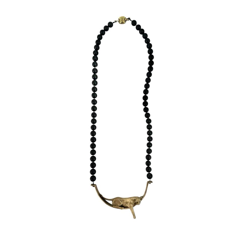 Alice Caviness Signed ‘87 Brass Lounging Panther Necklace Black Glass Beads 20” - Picture 4 of 8
